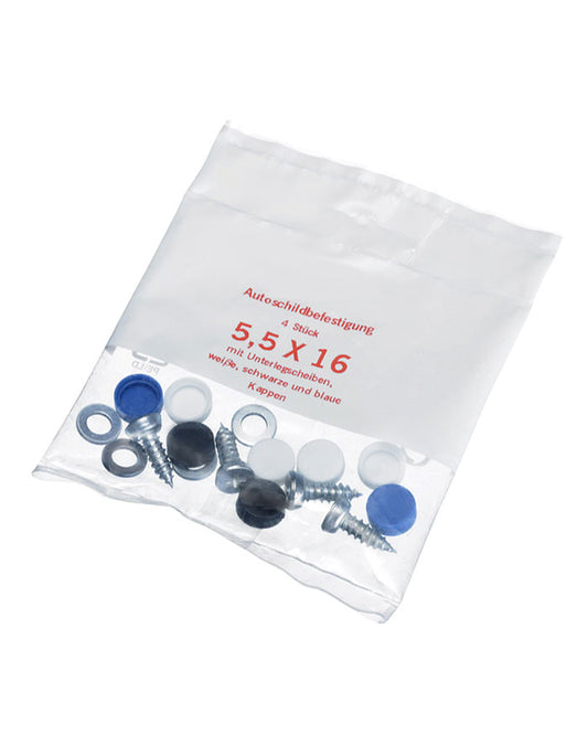 Kennzeichenhalter Schrauben-Set mit Kappen, für PKW - 5,5 x 16 - Ab 50 Stück